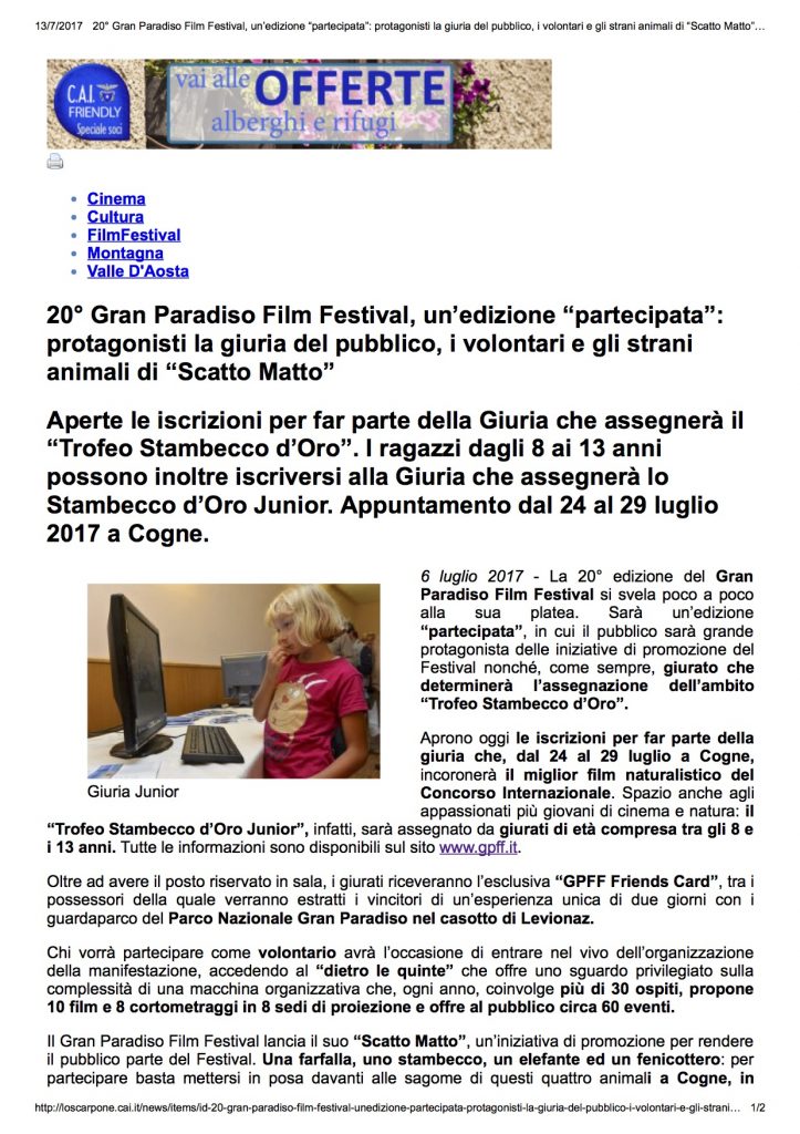 2017-07-06 Loscarpone.cai.it 20° Gran Paradiso Film Festival un'edizione partecipata