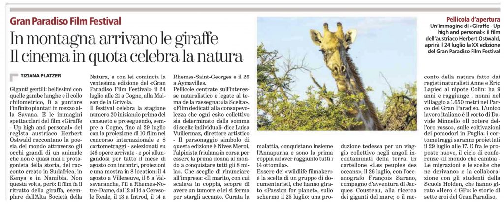 2017-07-13 La Stampa In montagna arrivano le giraffe Il cinema in quota celebra la natura