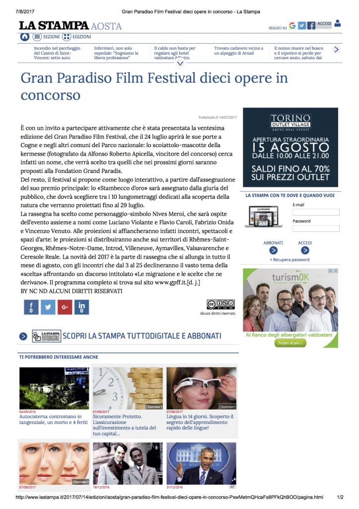 2017-07-14 La Stampa Aosta Gran Paradiso Film Festival dieci opere in concorso