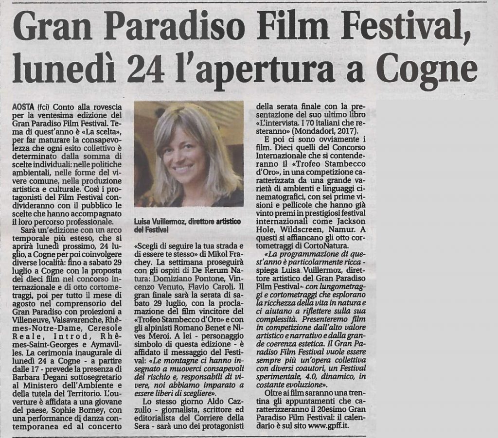 2017-07-22 La Vallée Notizie Gran Paradiso Film Festival lunedi 24 apertura a Cogne
