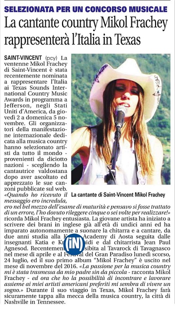 2017-07-29 La Vallee Notizie La cantante country Mikol Franchey rappresentera italia in texas