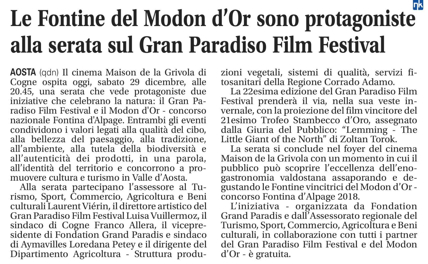 Le Fontine del Modon d'Or sono protagoniste alla serata sul Gran Paradiso Film Festival